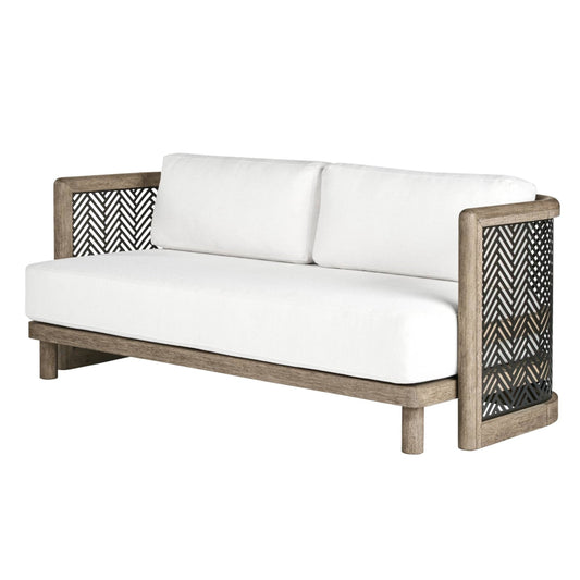 Two-seater outdoor sofa with white cushions and wooden frame on a white background