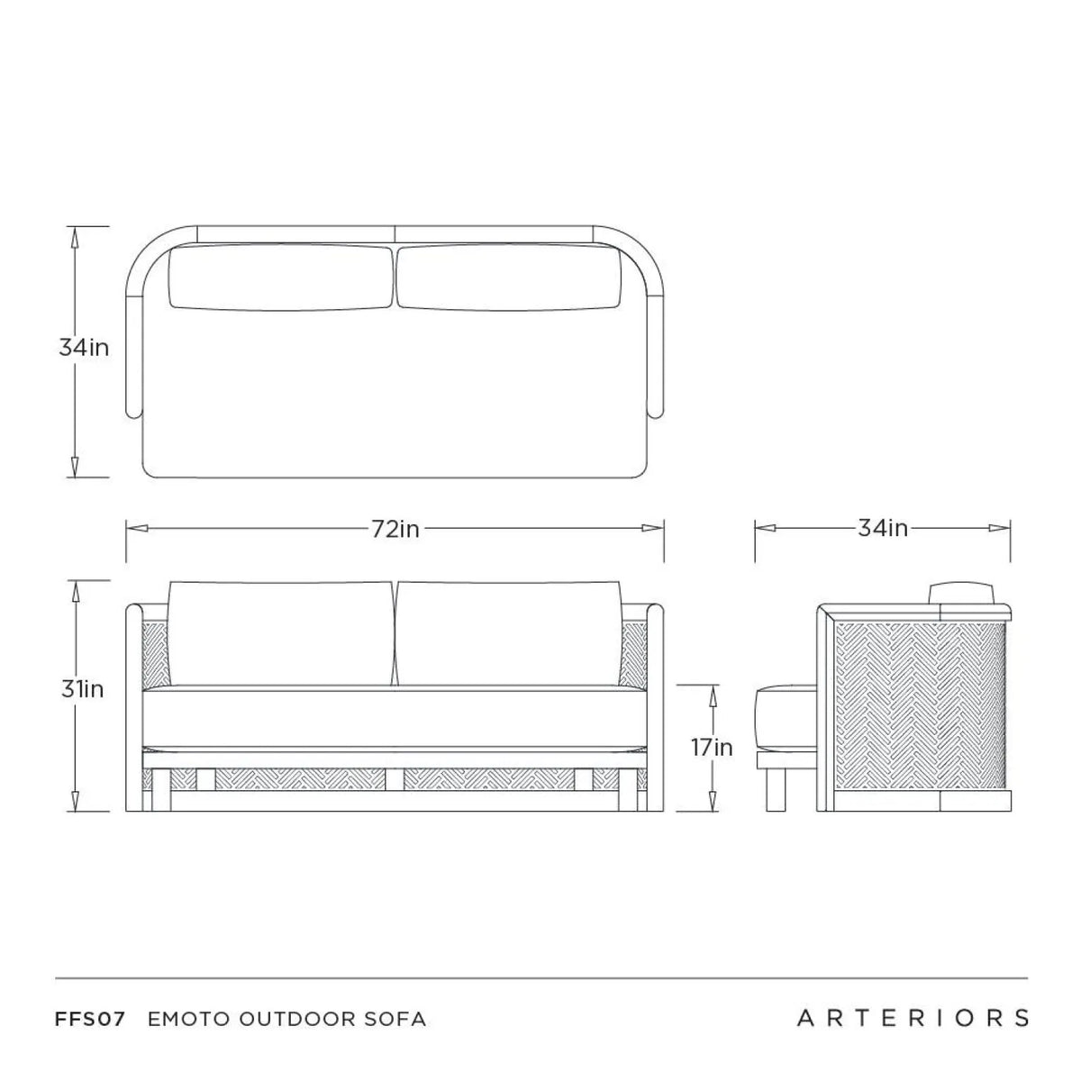 Black and white line drawing schematic of the ARTERIORS FFS07 Emoto Outdoor Sofa, showing front, side, and top-down views with dimension measurements.
