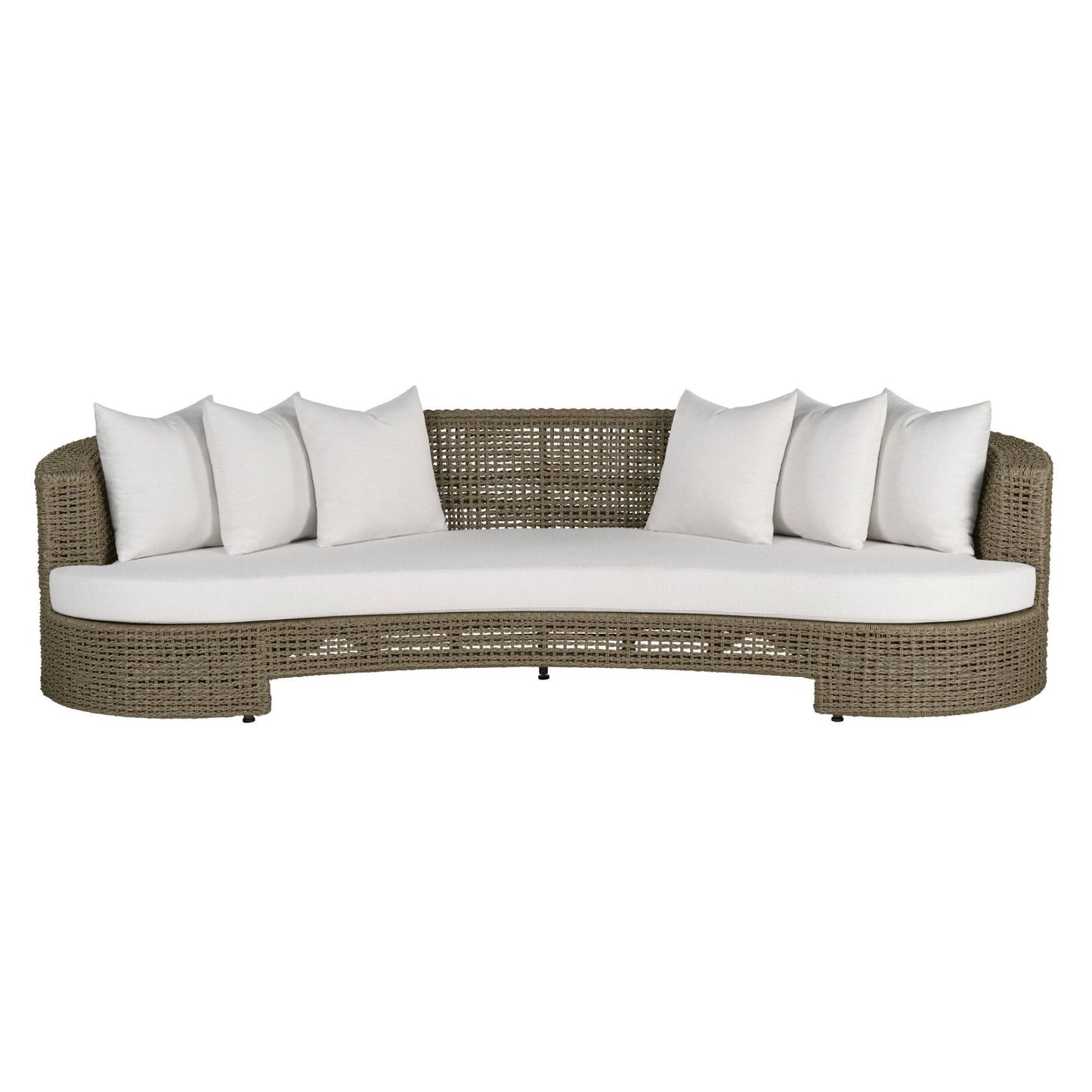 Wicker outdoor sofa with white cushions on a white background