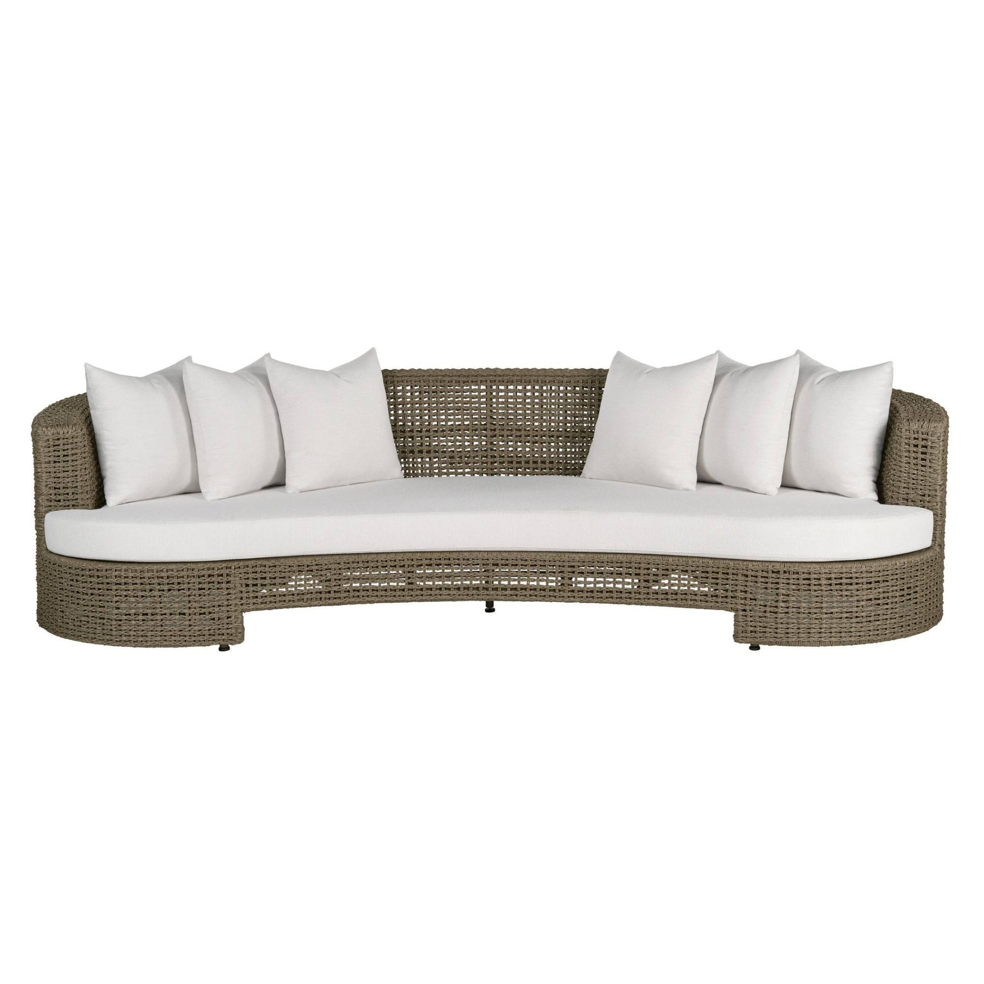 Wicker outdoor sofa with white cushions on a white background