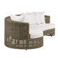 Wicker outdoor sofa with white cushions on a white background