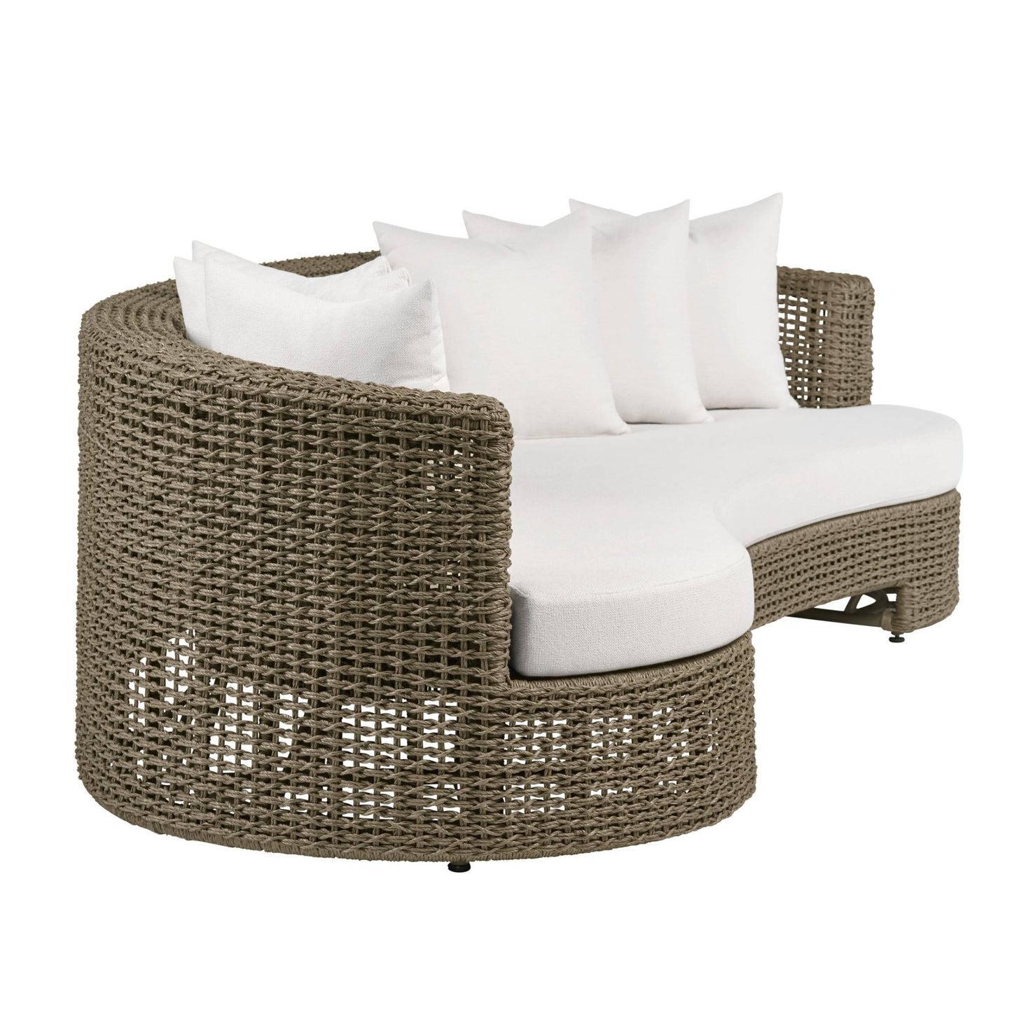 Wicker outdoor sofa with white cushions on a white background