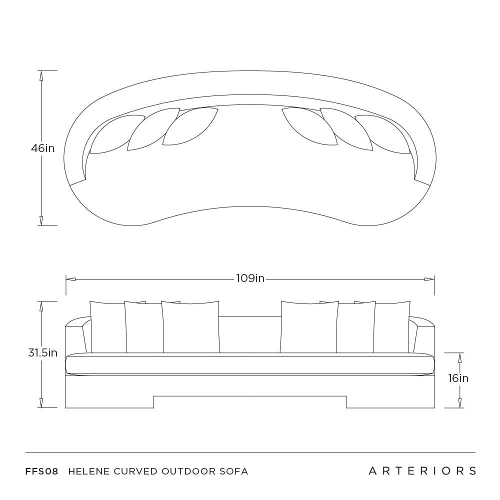 Technical drawing of a Helene curved outdoor sofa with dimensions labeled.