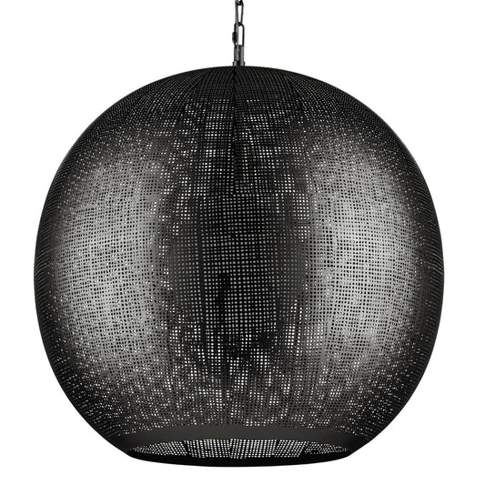 Black spherical pendant light with mesh design on a white background
