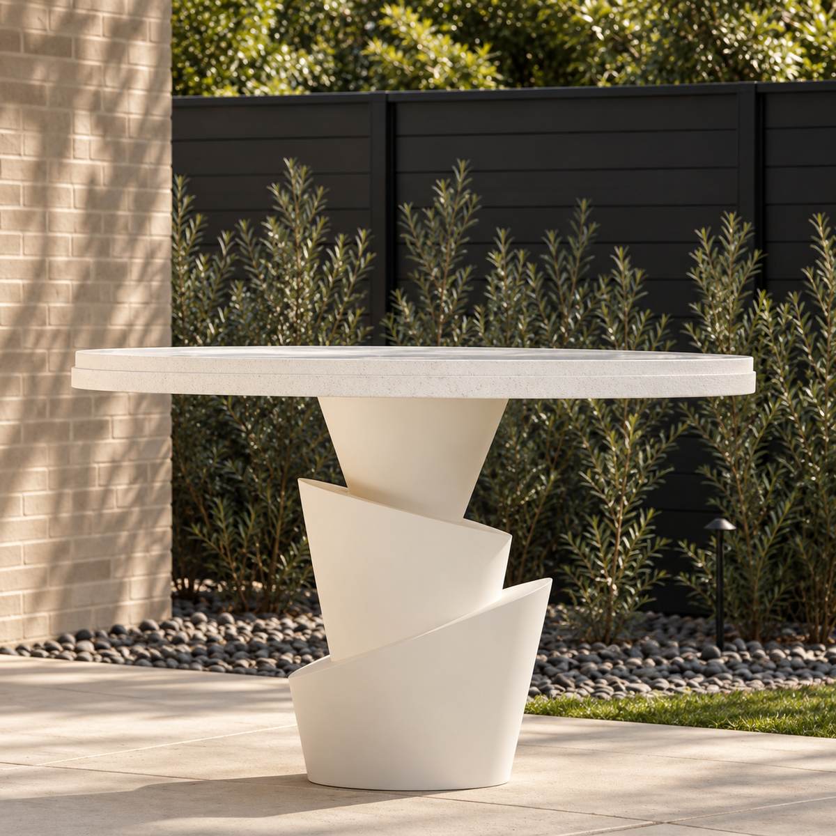 Sculptural ivory outdoor dining table with a textured edge and twisted pedestal base, styled with trailing greenery beside a sunlit swimming pool.