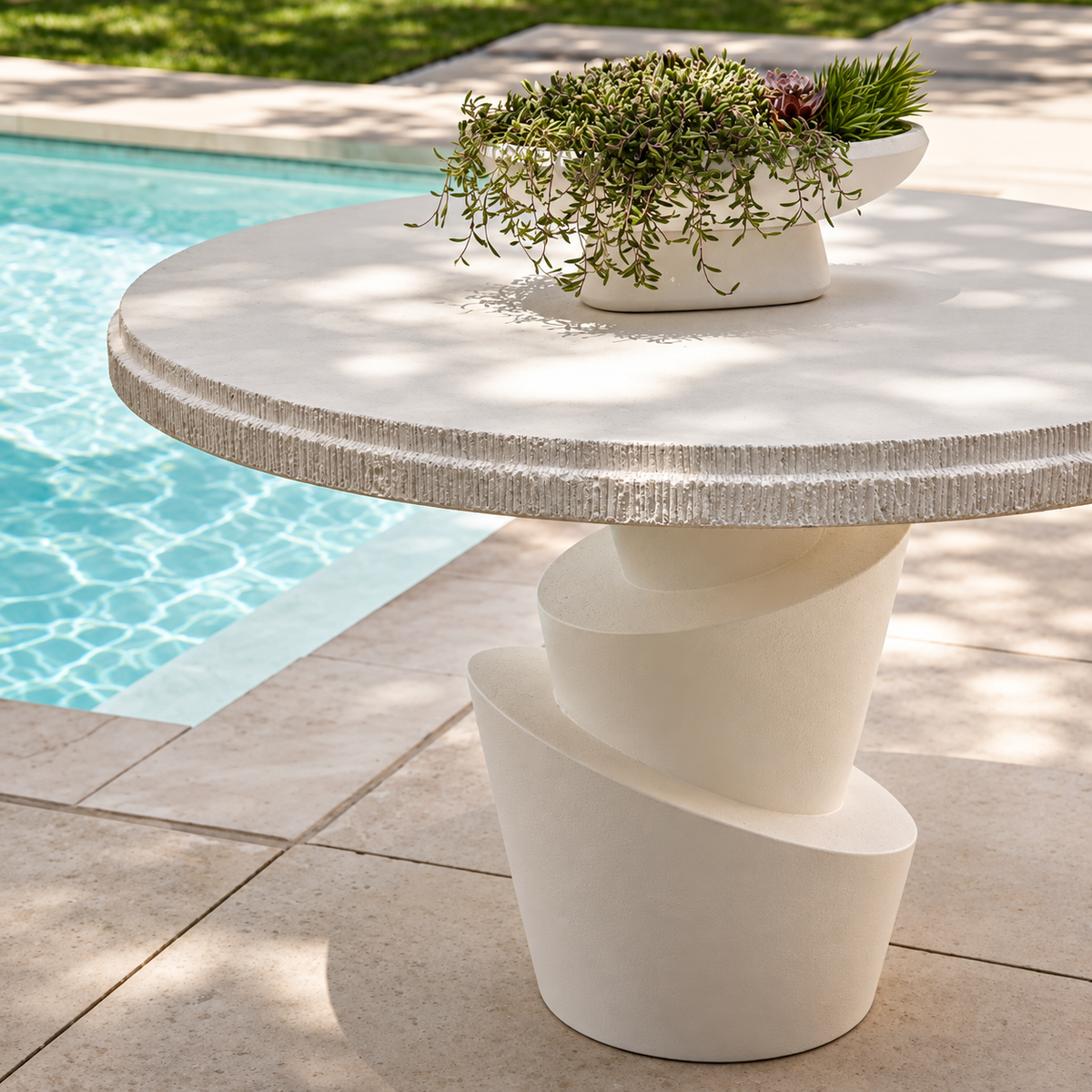 Sculptural ivory outdoor dining table with a textured edge and twisted pedestal base, styled with trailing greenery beside a sunlit swimming pool.