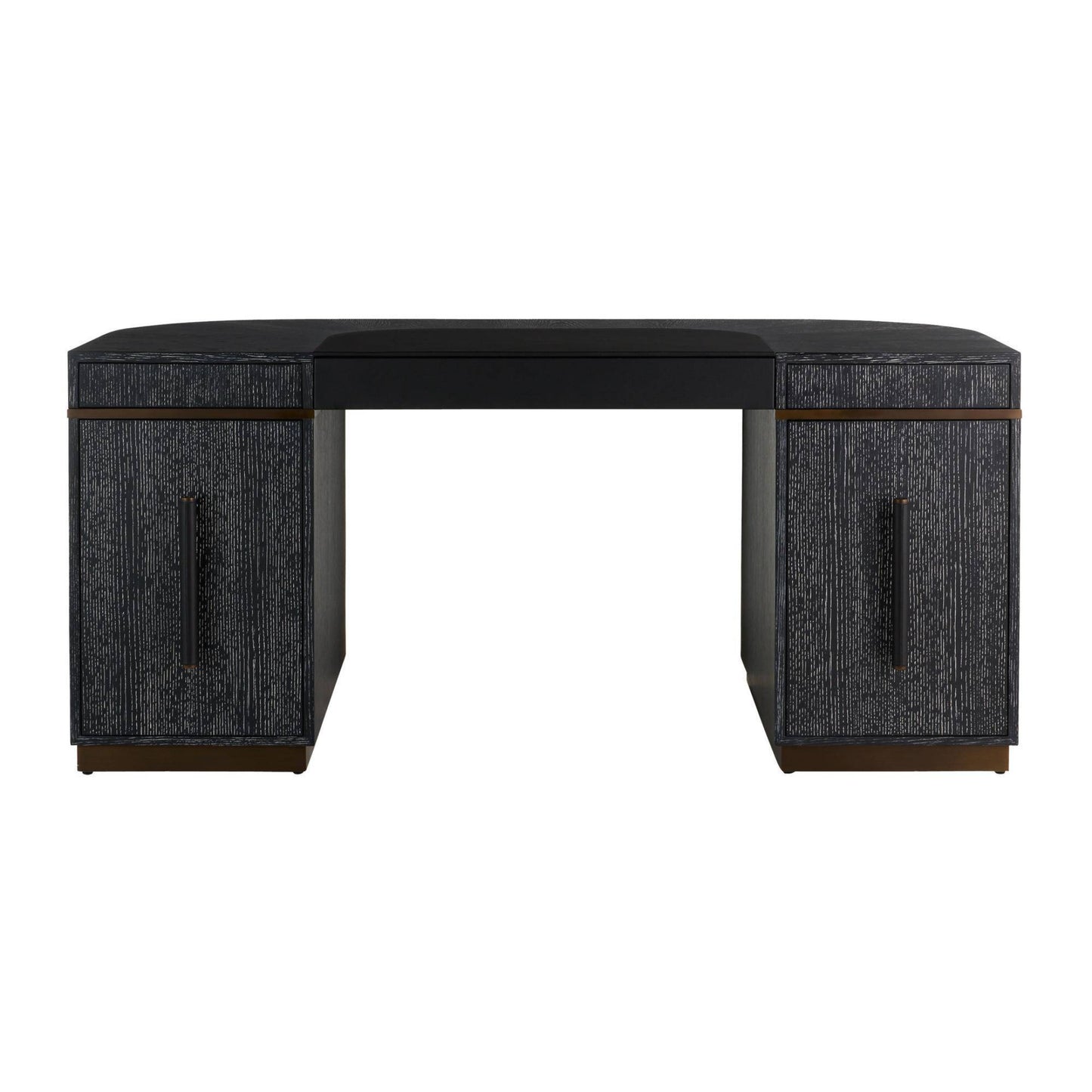 A modern writing desk with a black upholstered top, textured dark gray side panels, and bronze metal legs, shown against a plain white background.