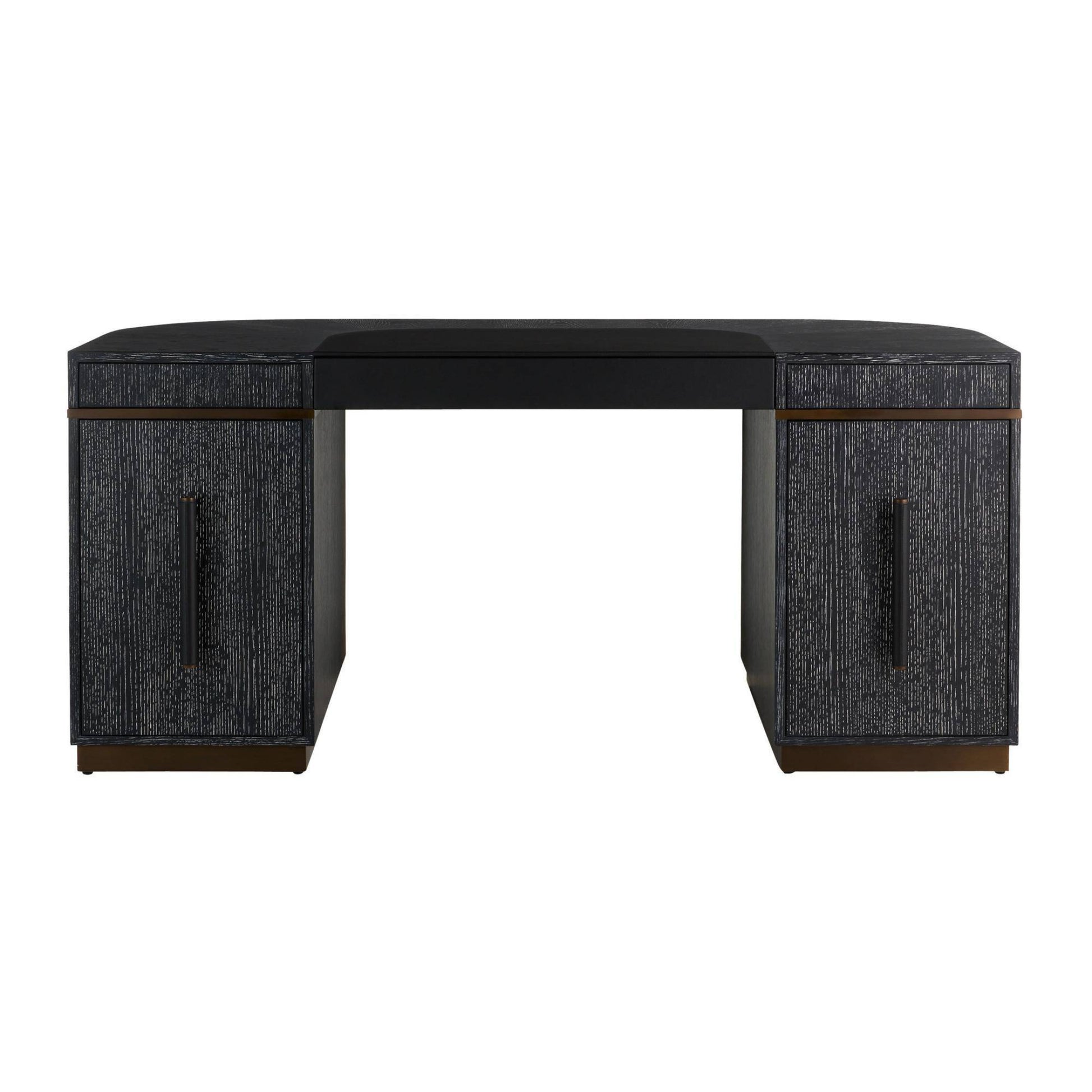 A modern writing desk with a black upholstered top, textured dark gray side panels, and bronze metal legs, shown against a plain white background.