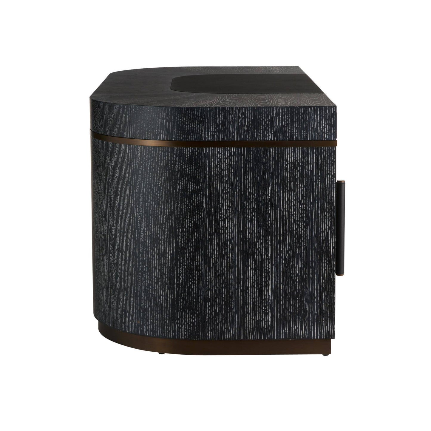 Dark textured side table with bronze accents on a white background