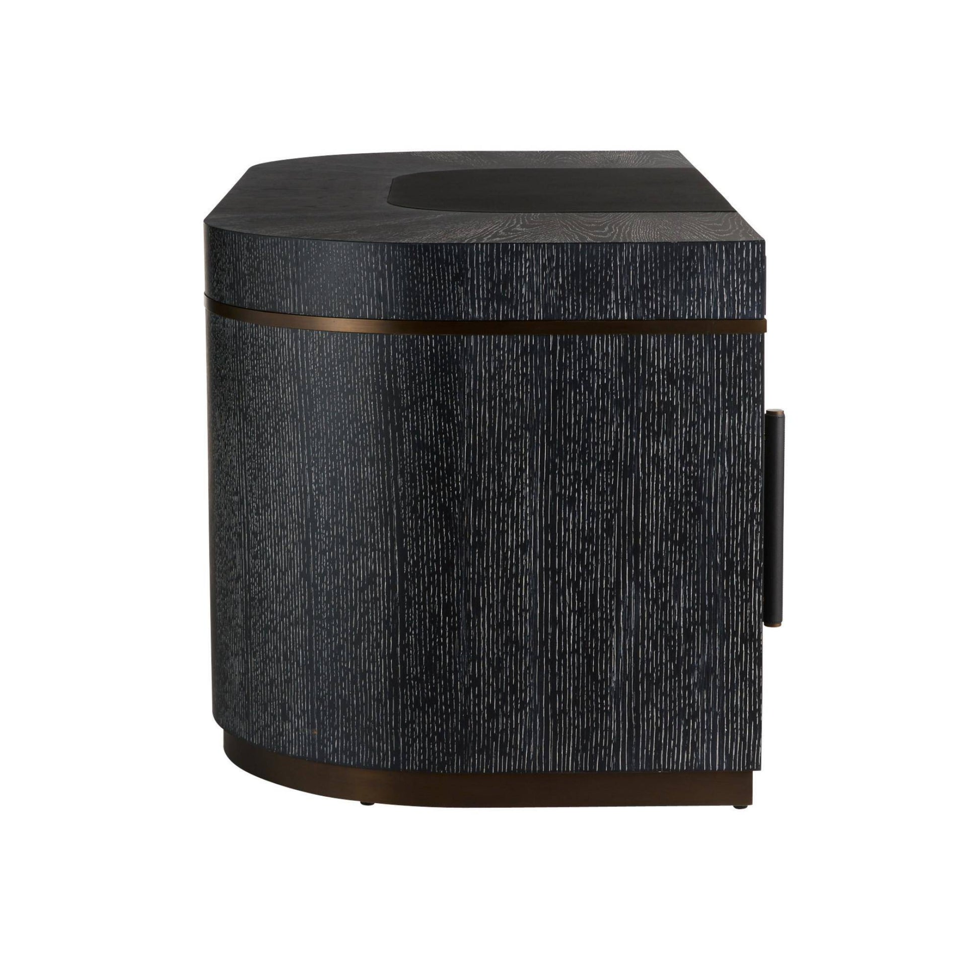 Dark textured side table with bronze accents on a white background