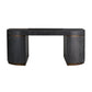 A modern console table with a dark textured finish, featuring cylindrical legs with a thin bronze-gold accent band and a matching dark top surface, shown against a plain white background.
