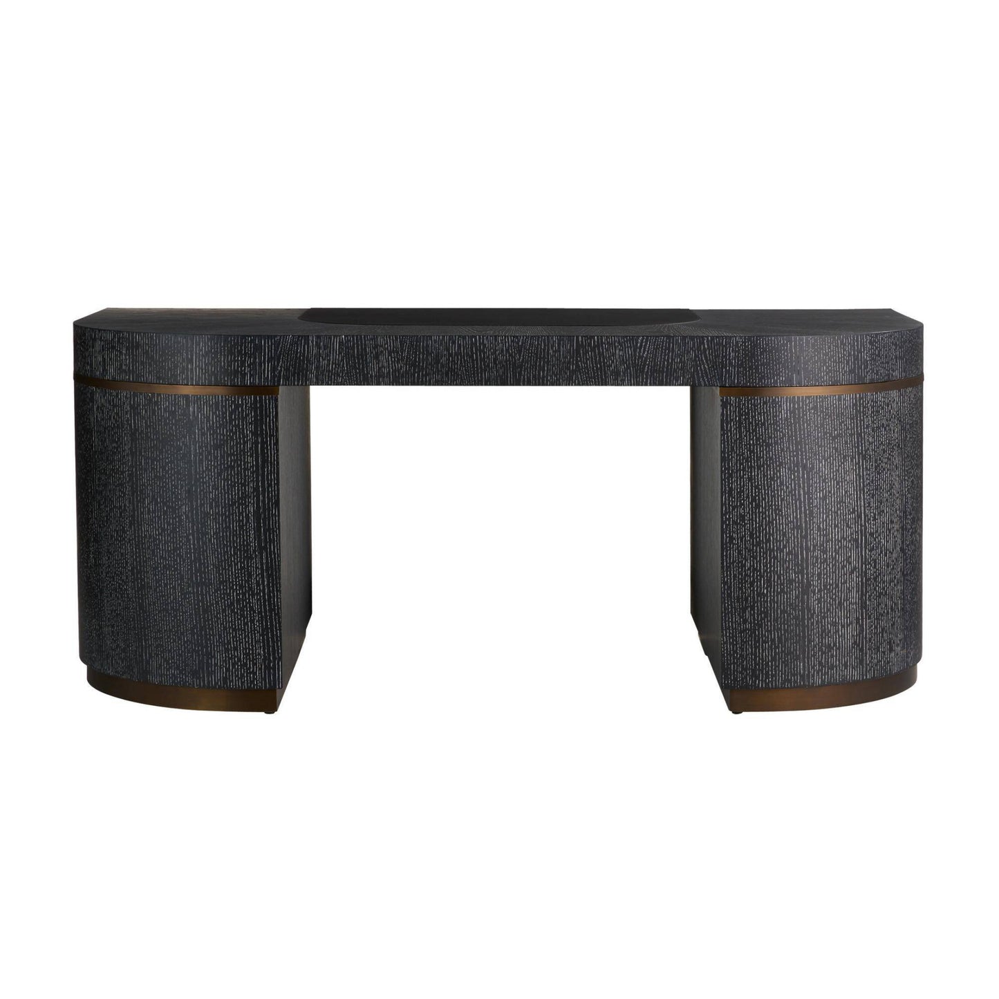 A modern console table with a dark textured finish, featuring cylindrical legs with a thin bronze-gold accent band and a matching dark top surface, shown against a plain white background.