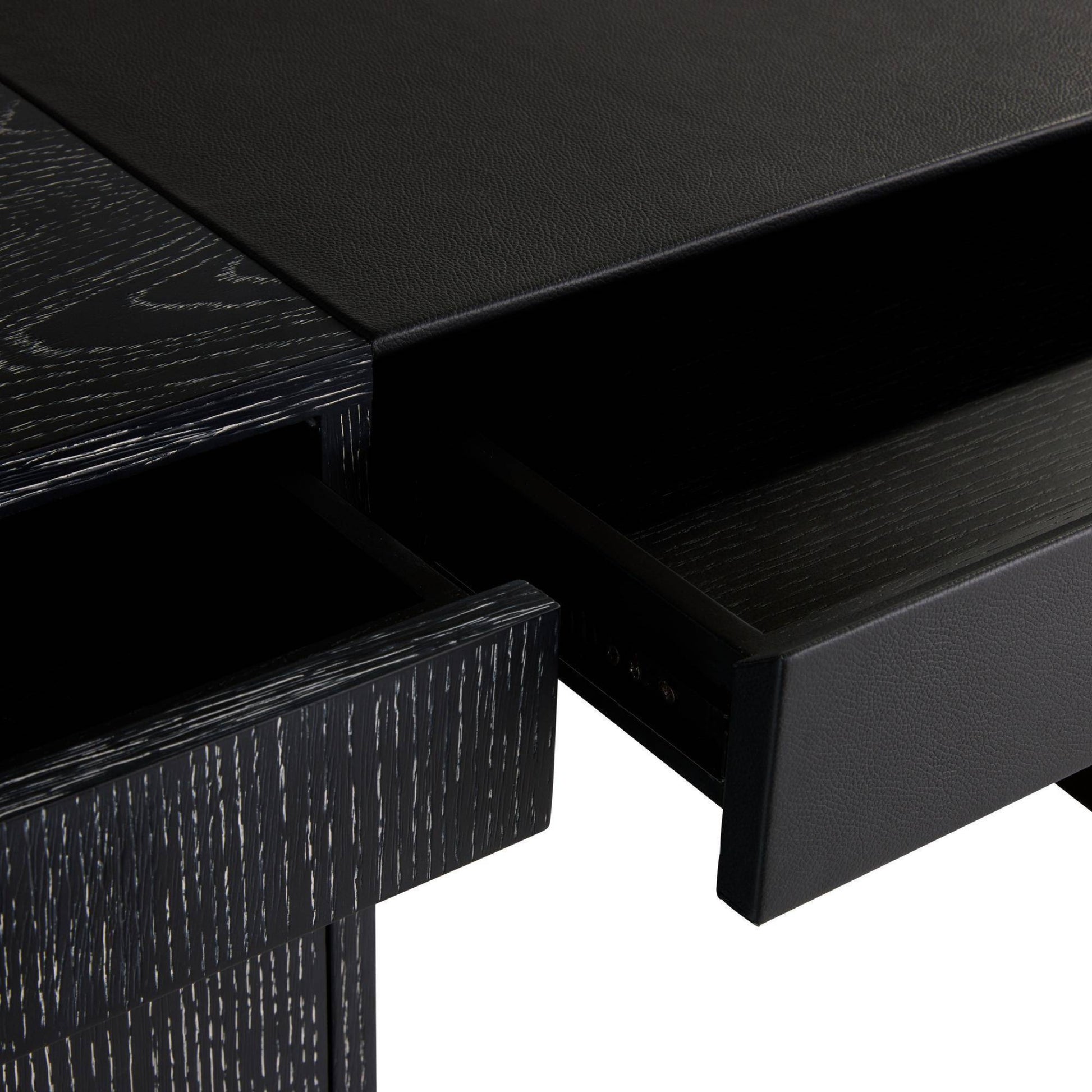 Close-up of a black wooden desk with a drawer open on a white background