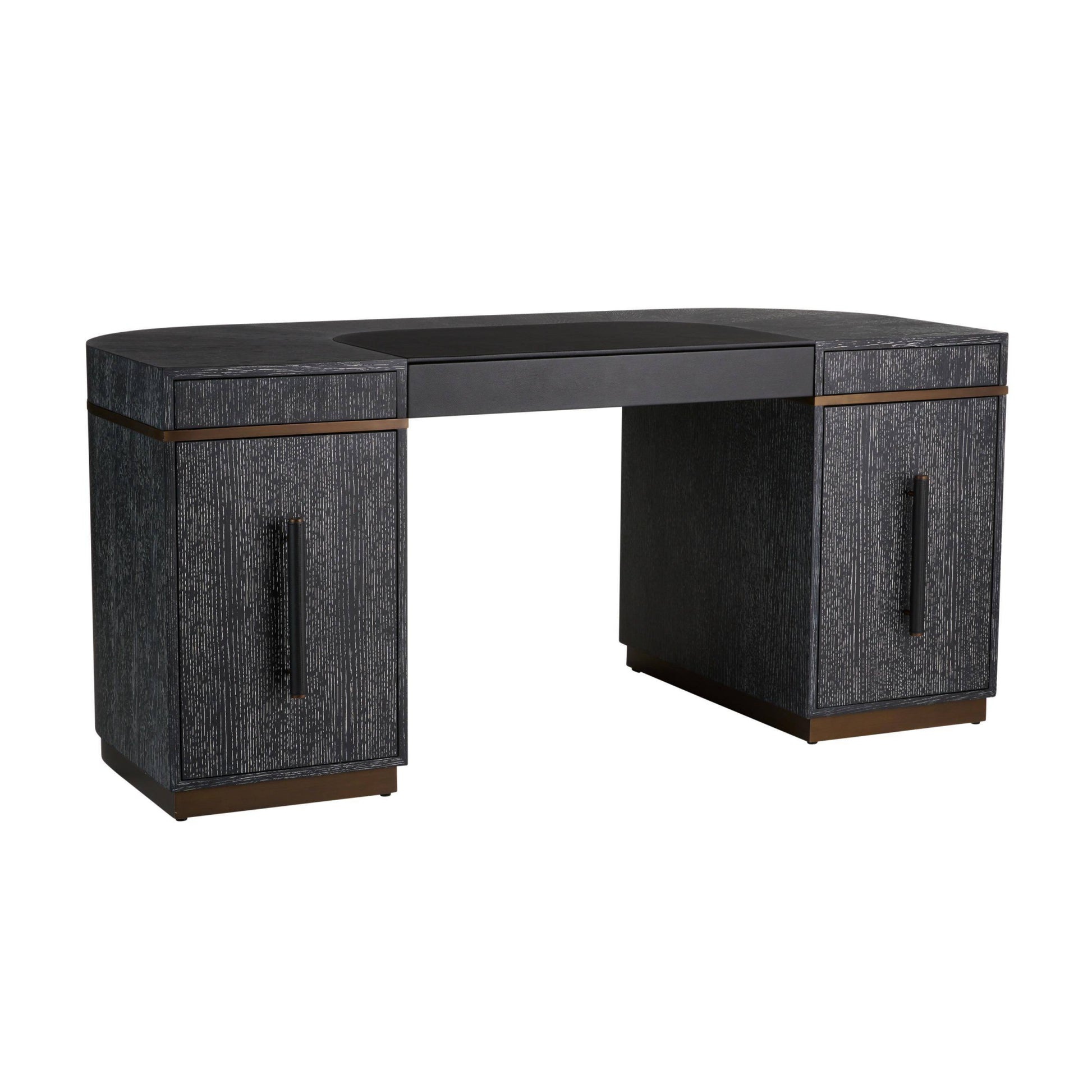 Black corner desk with textured finish on a white background