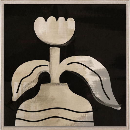 Abstract art piece with a stylized flower on a black background
