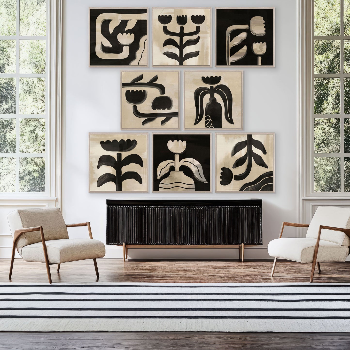 Modern living room with abstract wall art and minimal furniture