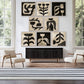 Modern living room with abstract wall art and minimal furniture