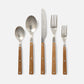 Five-piece flatware set with polished silver metal heads and warm brown wooden handles
