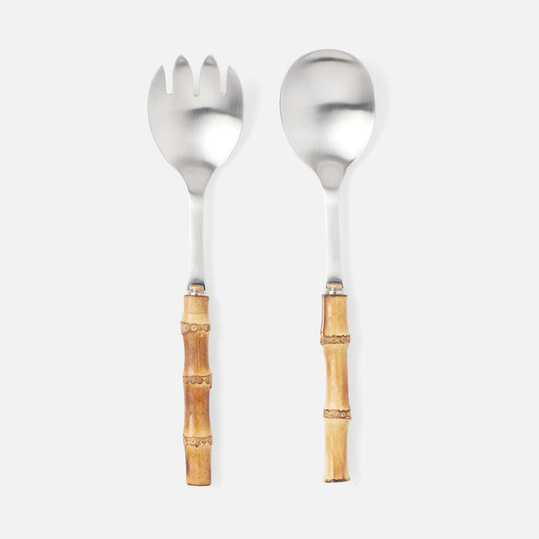 2 piece serving set with polished silver metal heads and warm brown wooden bamboo handles