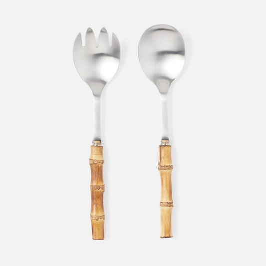 2 piece serving set with polished silver metal heads and warm brown wooden bamboo handles