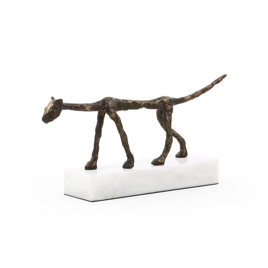Felix Statue in Bronze by Villa & House, featuring an elongated cat sculpture crafted from textured iron with a bronze patina finish and white marble base, inspired by Giacometti's modernist art for sophisticated bookshelf, desk, or console table decor.