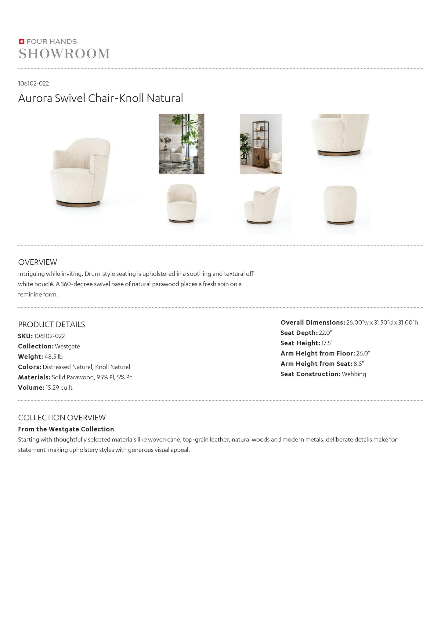 four hands Aurora Chair Knoll Natural tearsheet
