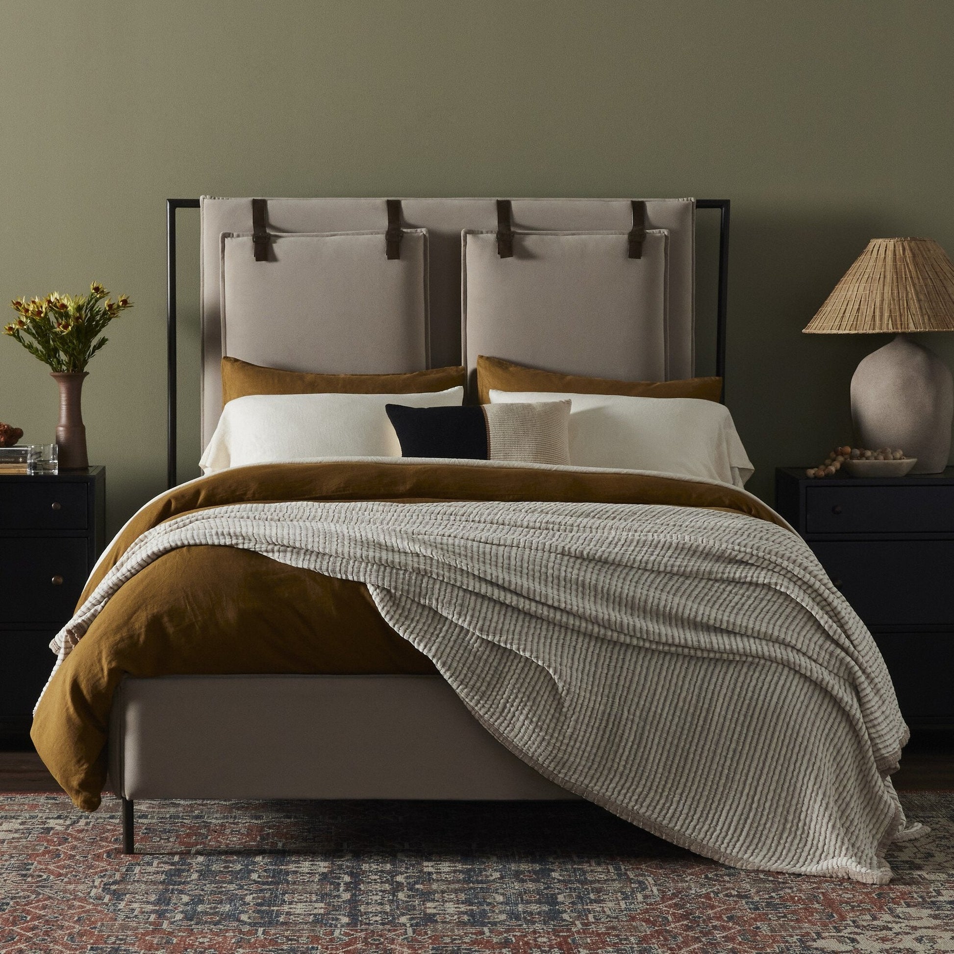 four hands leigh bed modern velvet sand styled