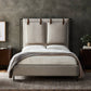Beige upholstered bed with wooden headboard in a bedroom setting