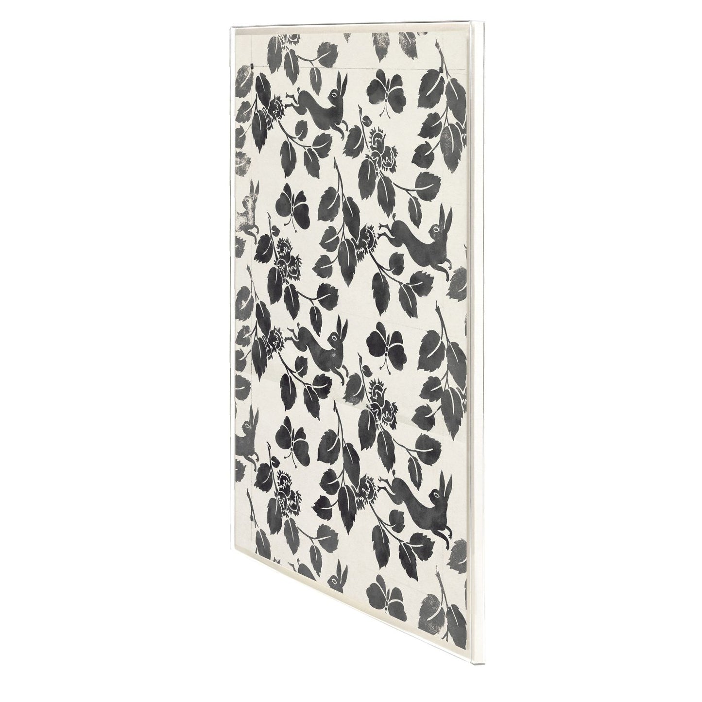 Decorative panel with black floral and bird pattern on a white background