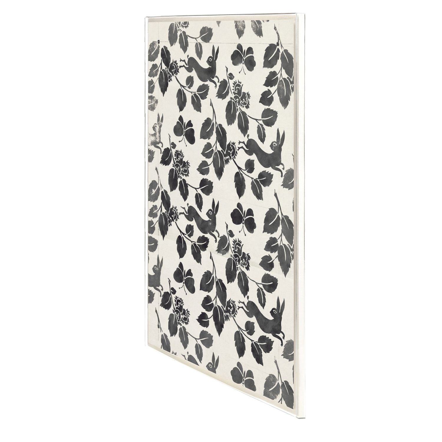 Decorative panel with black floral and bird pattern on a white background