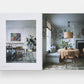Open book showing interior design images of a living room and dining area.