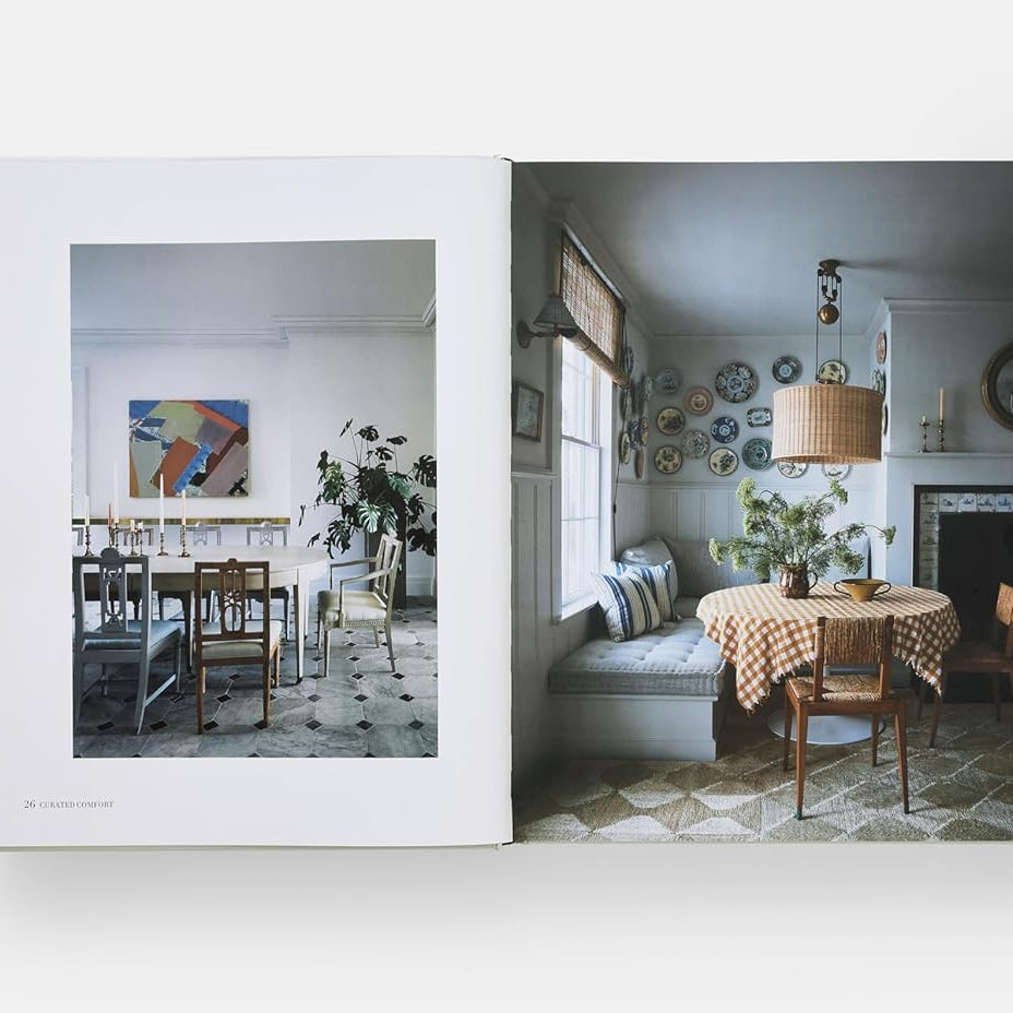 Open book showing interior design images of a living room and dining area.