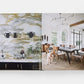 Open book showing interior design images of a kitchen and dining area.