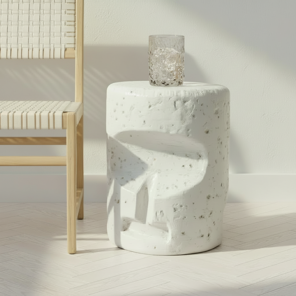 A white ceramic side table with a textured, speckled finish and an abstract sculptural design, styled in a bright room next to a wooden chair with a woven seat