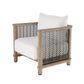 Chair with wooden frame and white cushion on a white background