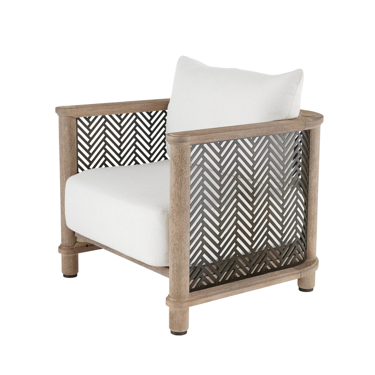 Chair with wooden frame and white cushion on a white background