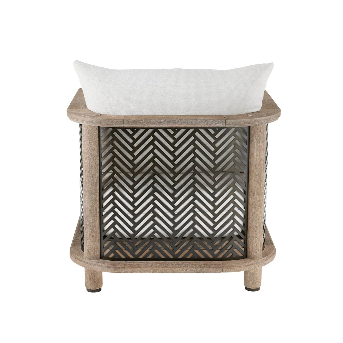 A modern outdoor accent chair featuring a light natural wood frame, a white cushion, and a dark brown and white herringbone patterned backrest.