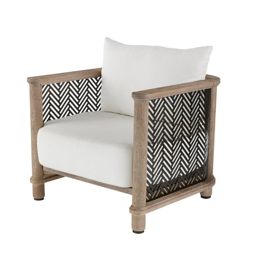 Chair with wooden frame, white cushion, and black and white chevron pattern on a white background