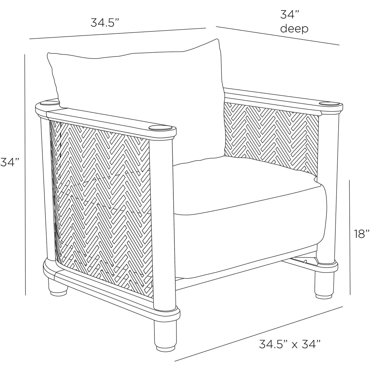 Line drawing of a chair with dimensions labeled
