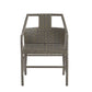 A modern outdoor dining chair with a gray-brown frame and textured woven seat and backrest in a geometric pattern of gray, brown, and beige, shown against a plain white background.