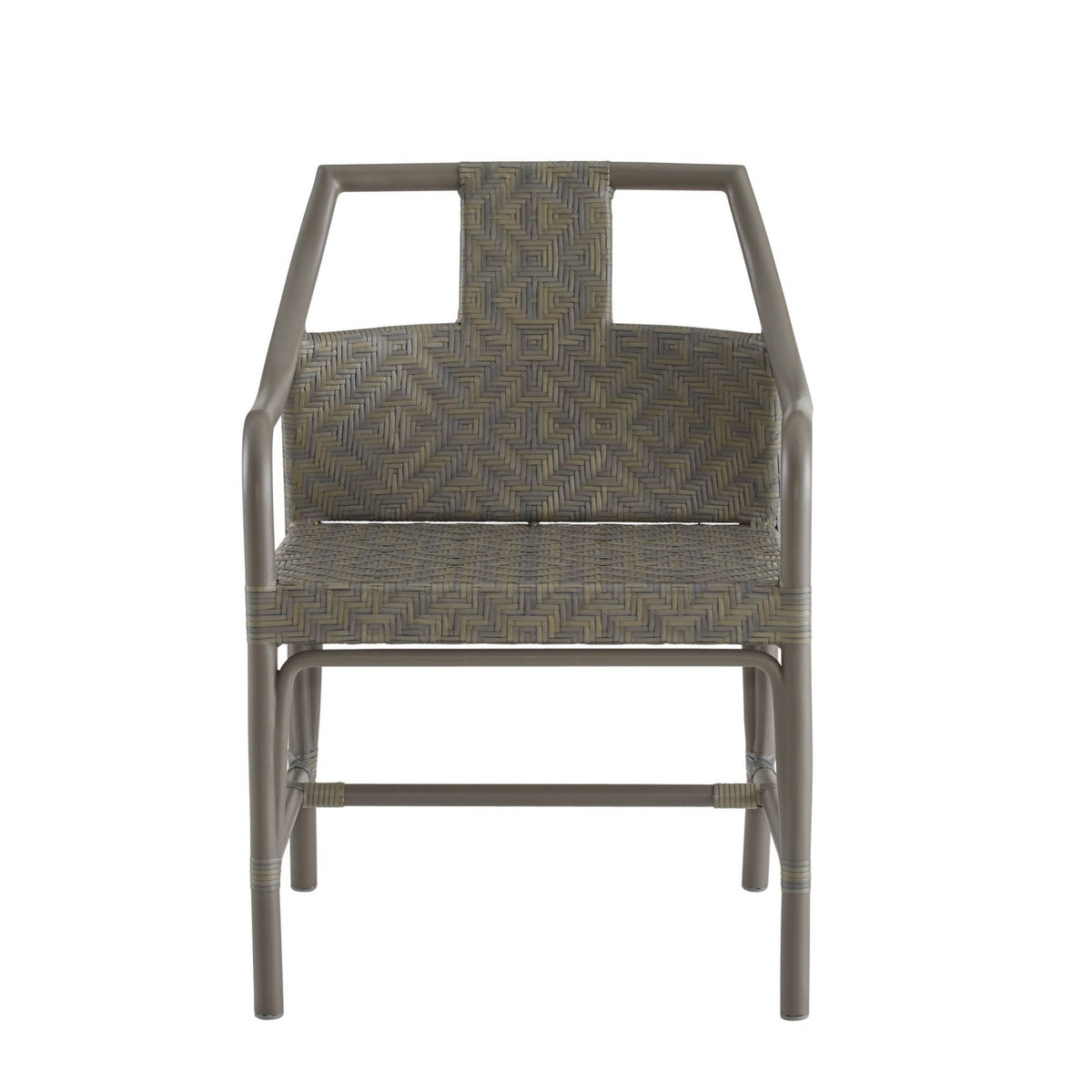 A modern outdoor dining chair with a gray-brown frame and textured woven seat and backrest in a geometric pattern of gray, brown, and beige, shown against a plain white background.