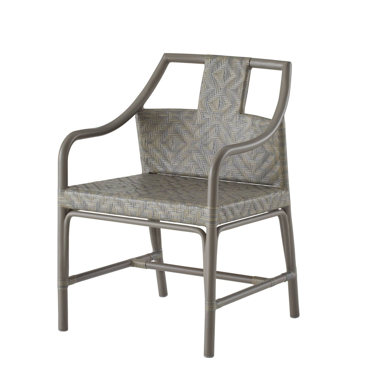 A modern outdoor dining chair with a gray metal frame and textured gray and beige woven seat and back cushions, shown on a plain white background.