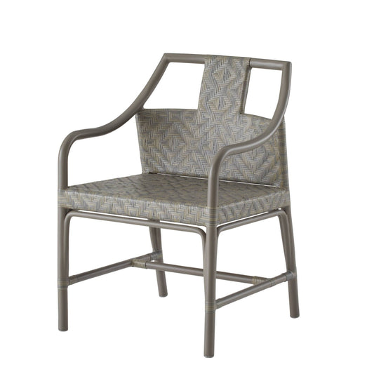 A modern outdoor dining chair with a gray metal frame and textured gray and beige woven seat and back cushions, shown on a plain white background.
