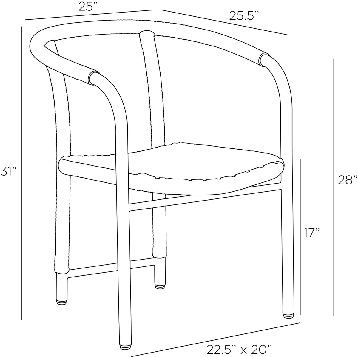 Black and white line drawing of a chair with dimension labels and measurements around it, including 31 inches tall, 25.5 inches across the top, 22.