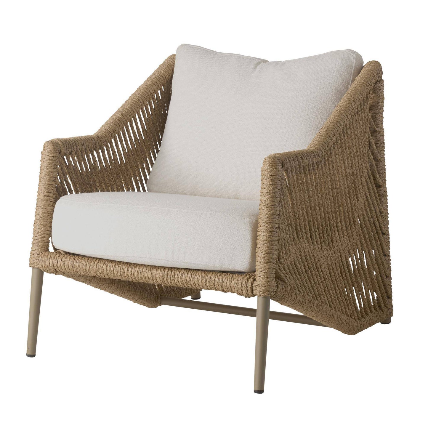 Wicker armchair with white cushions on a white background