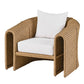 Woven chair with white cushions on a white background