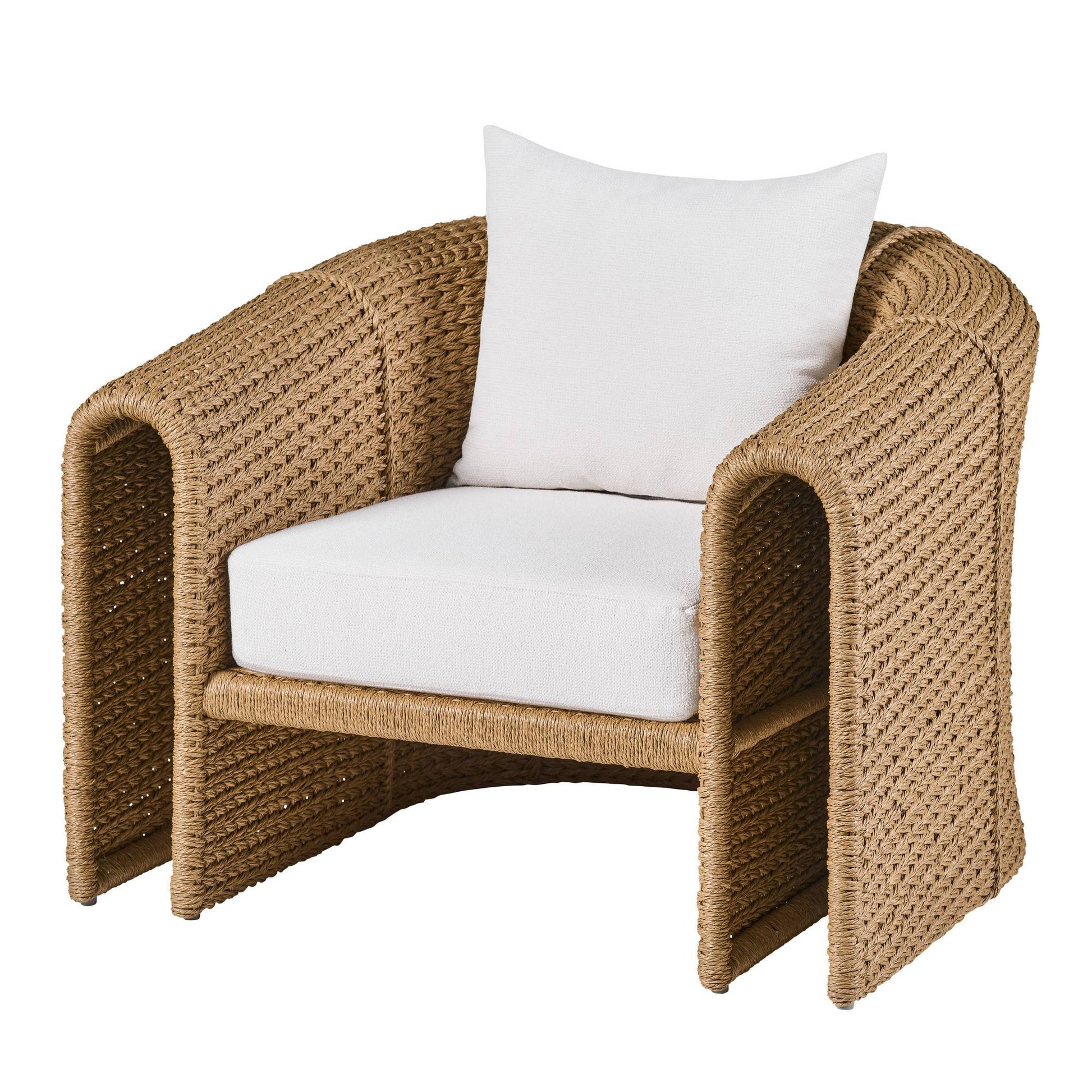 Woven chair with white cushions on a white background