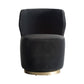 Gray upholstered chair with a gold base on a white background