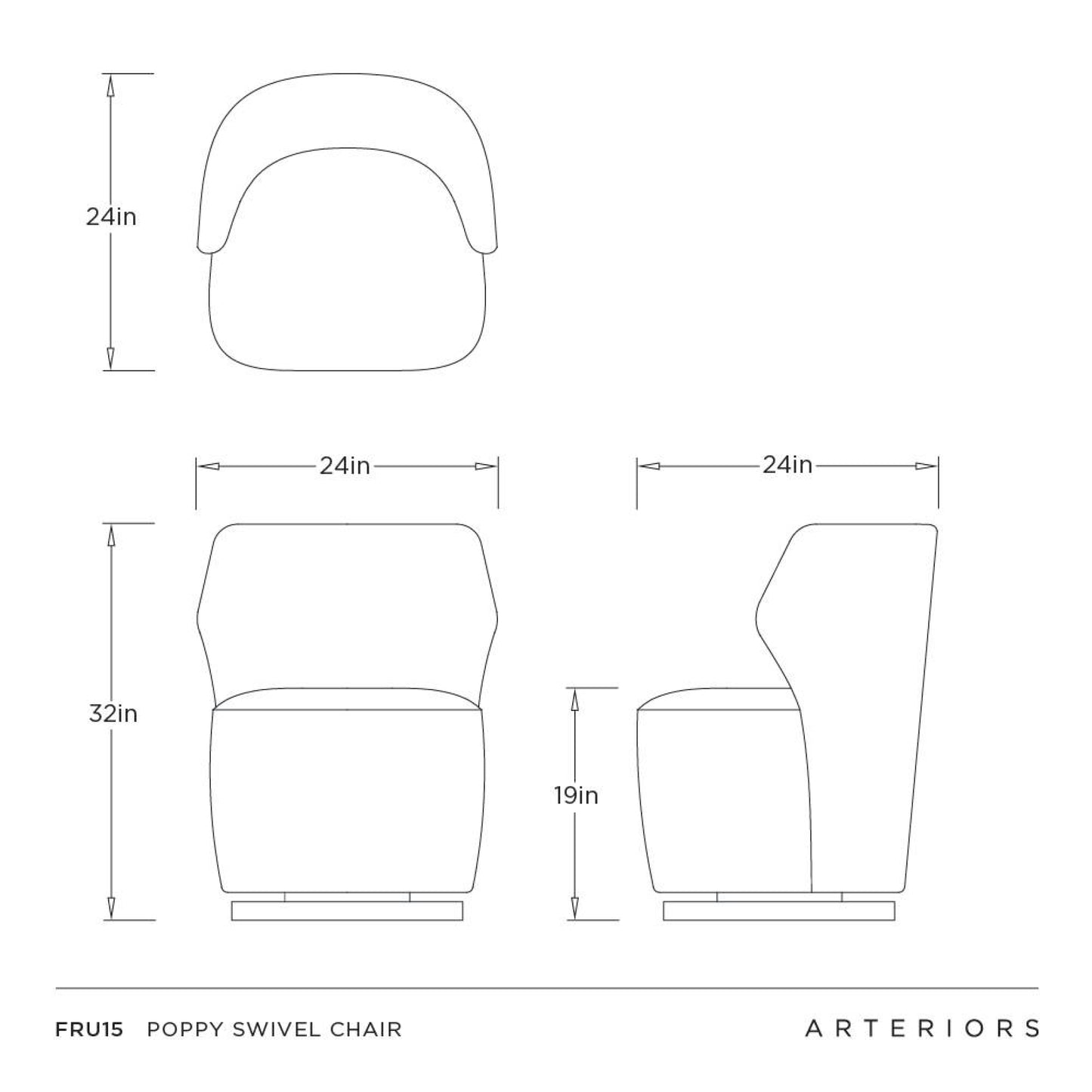 Technical drawing of a chair with dimensions labeled, featuring the brand 'Arteriors'.