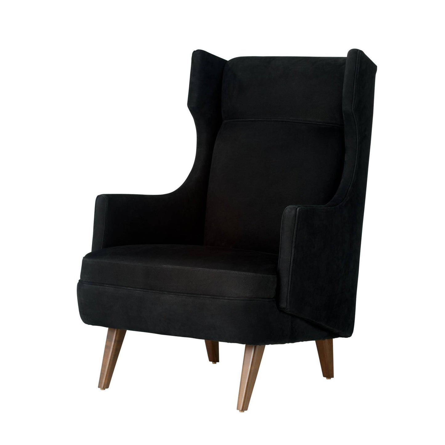 Black wingback chair with wooden legs on a white background